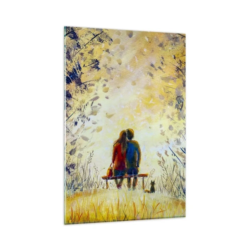 Impression sur verre - Image sur verre - Un couple assis sur un banc parmi les arbres d'automne au soleil - 80x120cm - Moment magique - Décoration murale moderne pour le salon et la chambre ARTTOR
