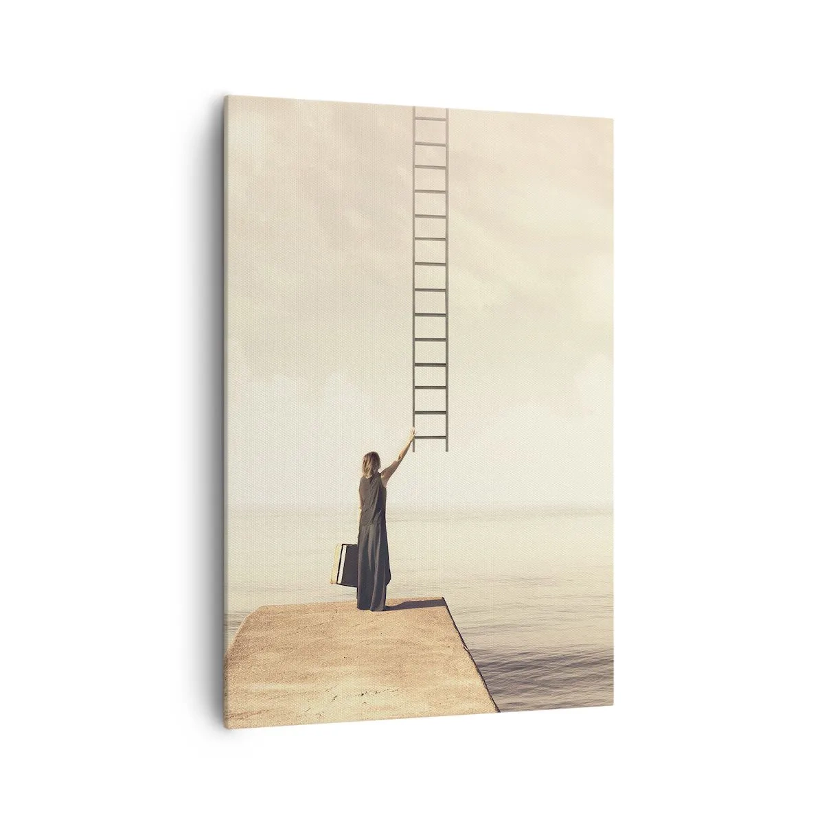 Impression sur toile - Image sur toile - Une femme debout sur une jetée avec une échelle menant au ciel - 70x100cm - Voyage magique - Décoration murale moderne pour le salon et la chambre ARTTOR