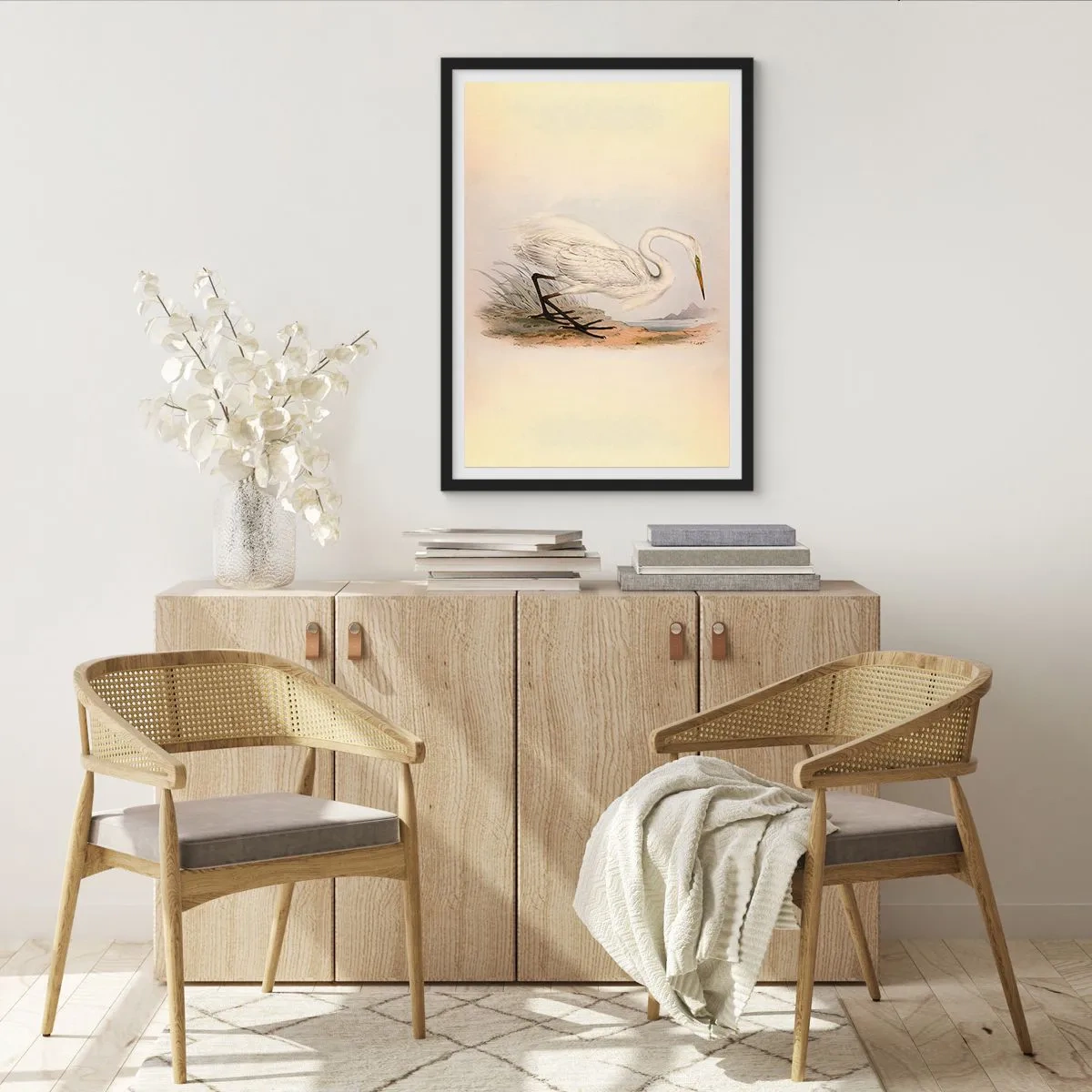 Affiche dans un cadre noir - Poster - Illustration d'un héron sur un fond de paysage pastel - 50x70cm - Dame sur les joncs - Décoration murale moderne pour le salon et la chambre ARTTOR