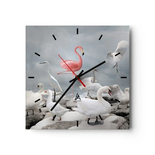 Horloge murale - Pendule murale - Un flamant rose parmi des cygnes blancs sur fond de lac - 30x30cm - Comment suis-je arrivé là? - Décoration murale moderne pour le salon et la chambre ARTTOR