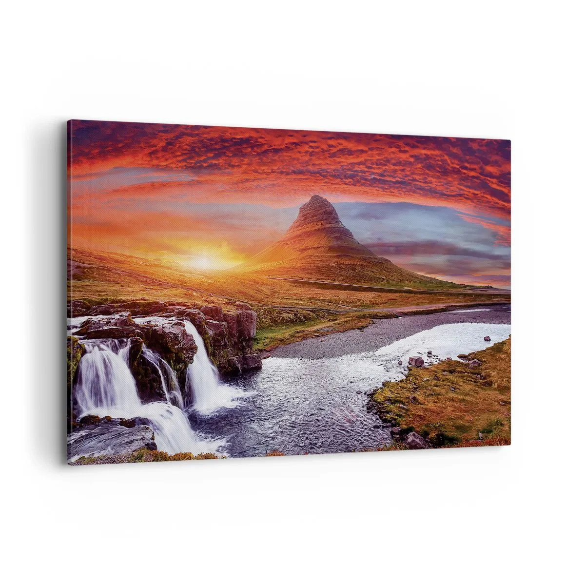 Impression sur toile - Image sur toile - Paysage de montagne avec une cascade au coucher du soleil - 100x70cm - Vue de la terre du milieu - Décoration murale moderne pour le salon et la chambre ARTTOR