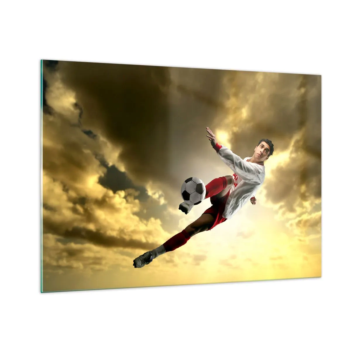 Impression sur verre - Image sur verre - Un joueur de football en action contre un ciel doré - 100x70cm - Le paradis du football - Décoration murale moderne pour le salon et la chambre ARTTOR