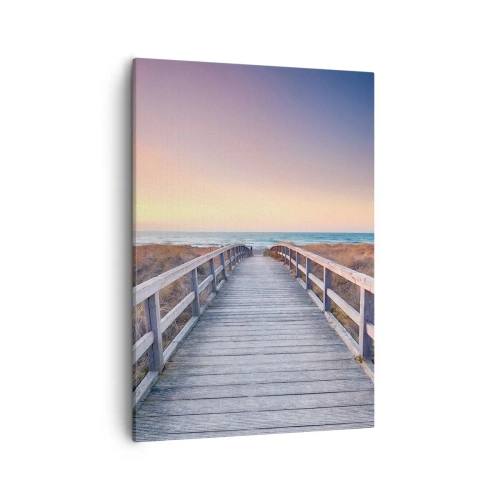 Impression sur toile - Image sur toile - Une jetée en bois menant à la plage au coucher du soleil avec le ciel peint de couleurs pastel. - 50x70cm - Aurore baltique du soir - Décoration murale moderne pour le salon et la chambre ARTTOR