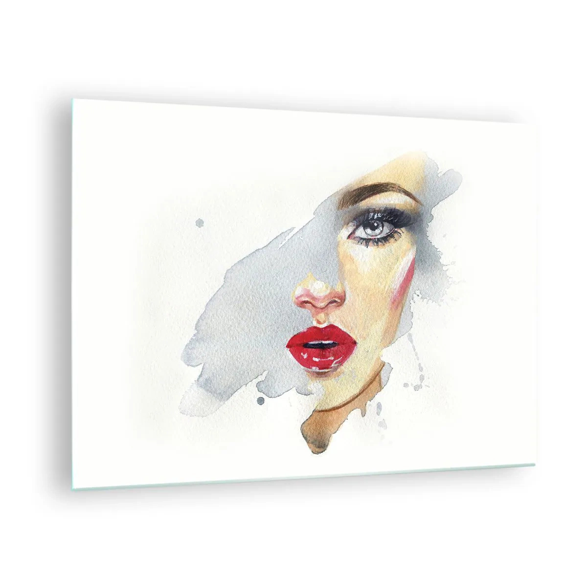 Impression sur verre - Image sur verre - Portrait à l'aquarelle d'une femme aux lèvres rouges - 70x50cm - Reflet dans une goutte d'eau - Décoration murale moderne pour le salon et la chambre ARTTOR