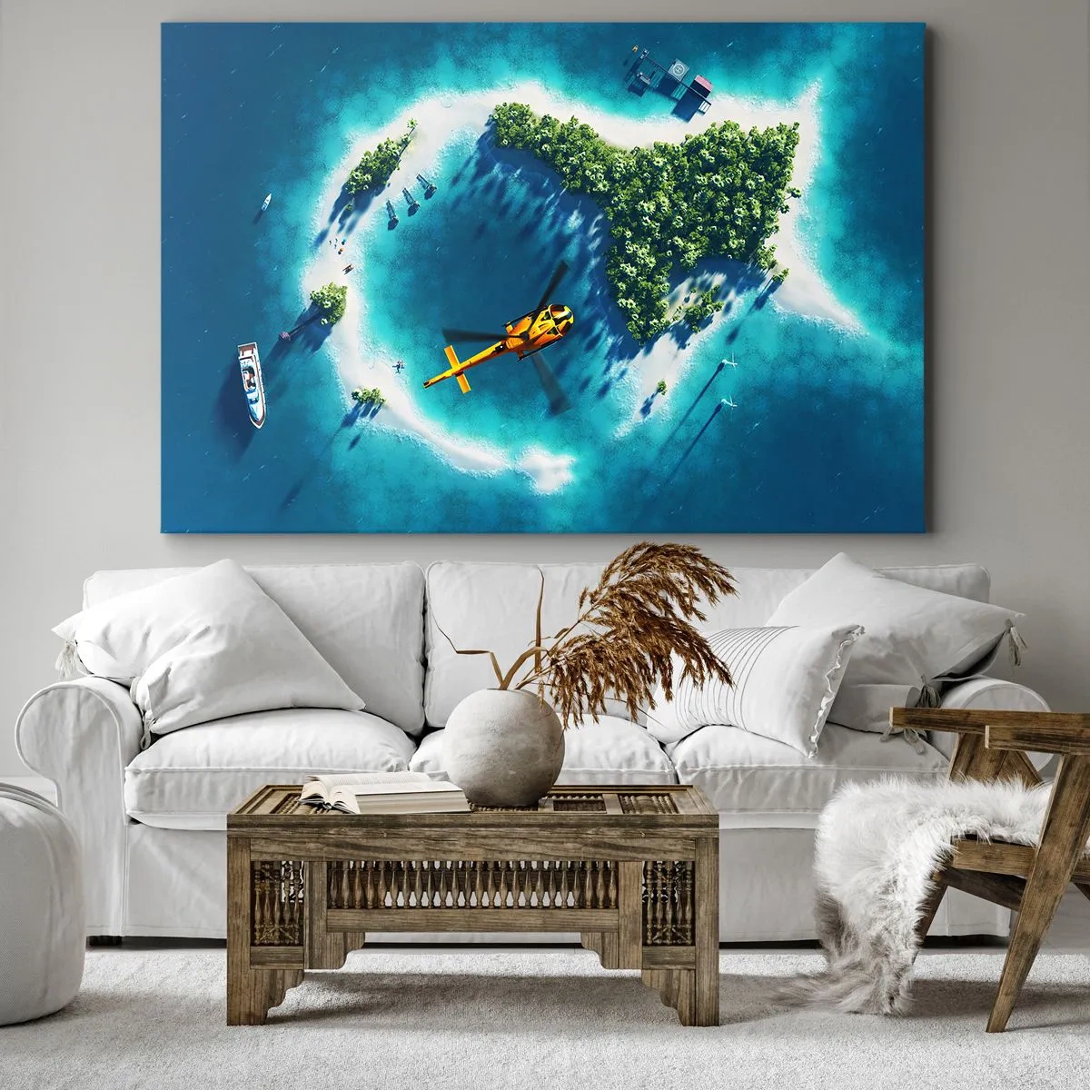 Impression sur toile - Image sur toile - Une île tropicale entourée d'eau turquoise avec un hélicoptère en vue - 100x70cm - Achetez-vous une île - Décoration murale moderne pour le salon et la chambre ARTTOR