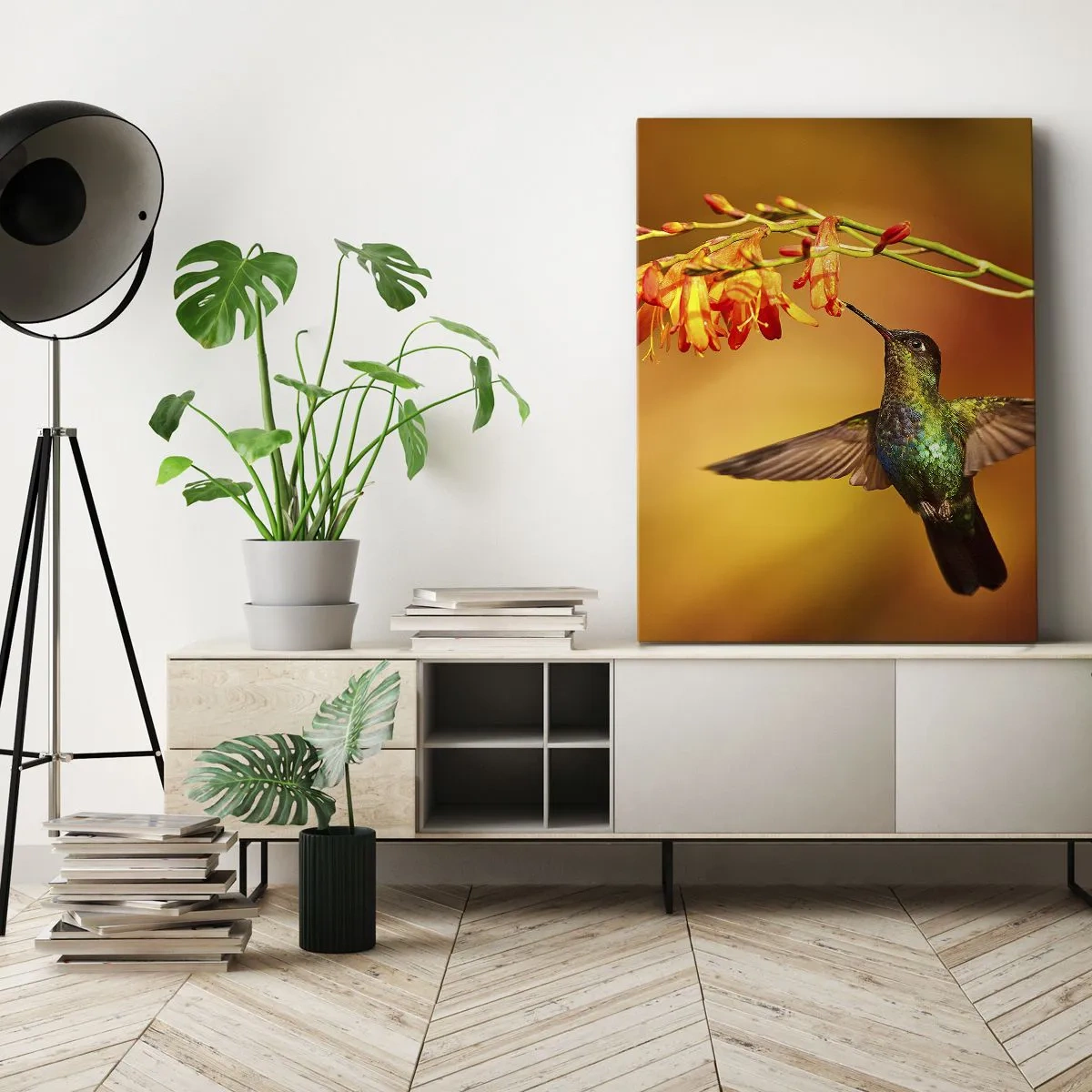 Impression sur toile - Image sur toile - Colibri près d'une fleur dans la lumière chaude - 50x70cm - Un messager de lumière selon les Mayas - Décoration murale moderne pour le salon et la chambre ARTTOR