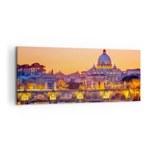 Impression sur toile - Image sur toile - Panorama du Vatican au coucher du soleil avec un pont sur la rivière - 120x50cm - Coucher de soleil sur la ville éternelle - Décoration murale moderne pour le salon et la chambre ARTTOR