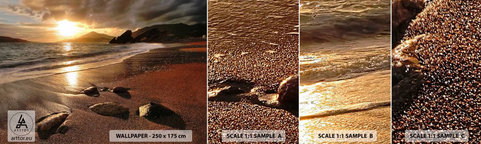 Échantillon De Papier Peint Standard Eco - Suivez le soleil sur les collines - Paysage, Mer, Coucher de soleil - 100x30 cm