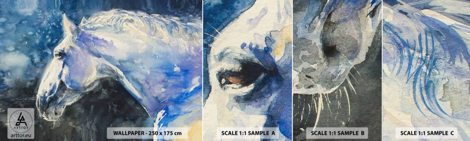 Échantillon de Papier Peint Autocollant Deluxe Sticker - Portrait dans une lueur azur - Cheval, Peinture, Animaux - 100x30 cm
