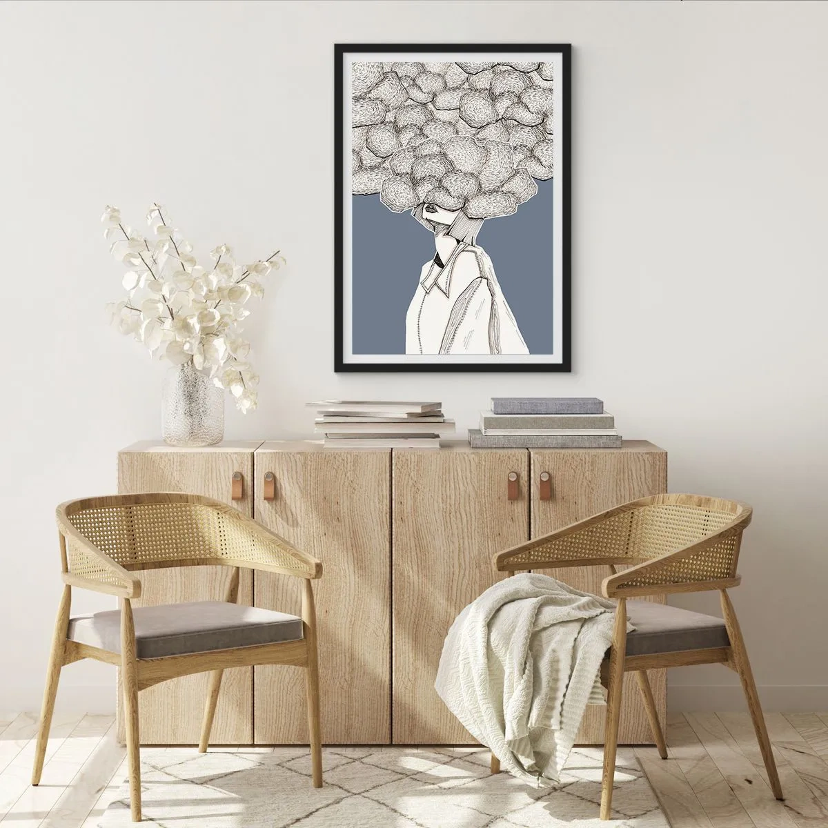 Affiche dans un cadre noir - Poster - Une figure avec un nuage au lieu d'une tête, stylisée dans des tons de gris. - 50x70cm - La tête dans les nuages - Décoration murale moderne pour le salon et la chambre ARTTOR