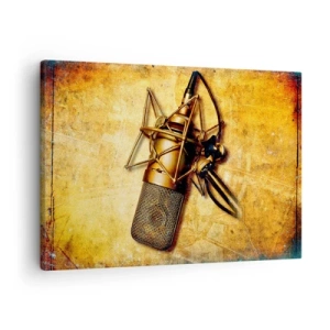Impression sur toile - Image sur toile - Un microphone de studio doré sur un fond vintage aux tons chauds. - 70x50cm - Les années d'or de la radio - Décoration murale moderne pour le salon et la chambre ARTTOR