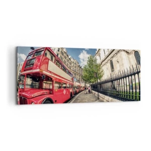 Impression sur toile - Image sur toile - Bus rouge à impériale à Londres près de la rue et de la cathédrale - 120x50cm - Rue de Londres en gris et rouge - Décoration murale moderne pour le salon et la chambre ARTTOR