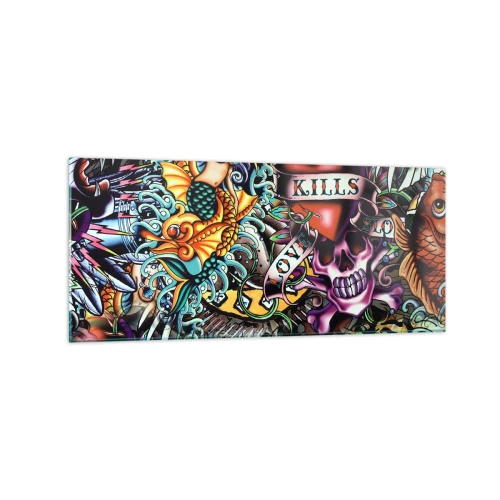 Impression sur verre - Image sur verre - Œuvre d'art colorée de style tatouage avec des crânes et des motifs nautiques - 120x50cm - Le rêve du tatoueur - Décoration murale moderne pour le salon et la chambre ARTTOR