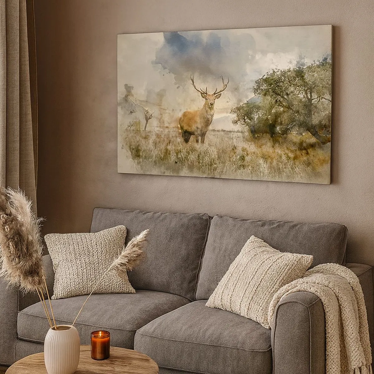 Impression sur toile - Image sur toile - Un cerf dans un cadre naturel dans un style aquarelle - 70x50cm - Dignité - force - majesté - Décoration murale moderne pour le salon et la chambre ARTTOR