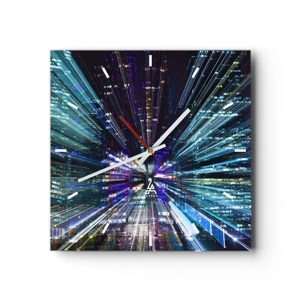 Horloge murale - Pendule murale - Vue dynamique de la ville la nuit avec un effet de lumière - 30x30cm - Transition vers l'hyperespace - Décoration murale moderne pour le salon et la chambre ARTTOR