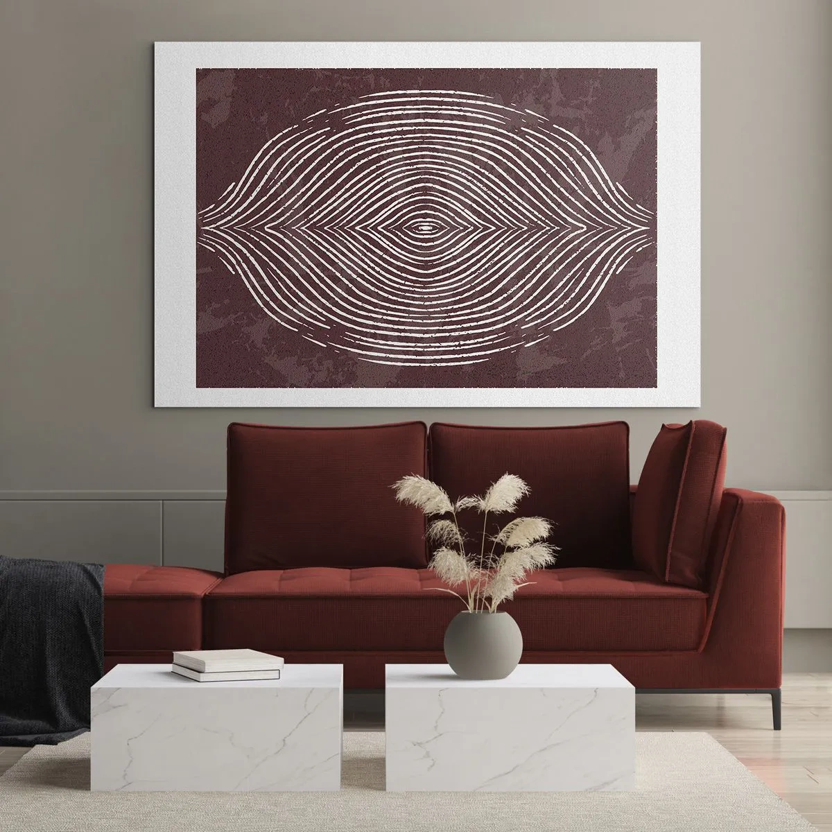 Impression sur verre - Image sur verre - Lignes symétriques en forme d'œil sur fond bordeaux - 100x70cm - L'espace parle - Décoration murale moderne pour le salon et la chambre ARTTOR