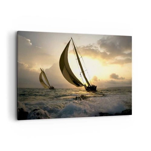 Impression sur toile - Image sur toile - Voiliers en mer au coucher du soleil - 120x80cm - Avec le vent et contre le vent - Décoration murale moderne pour le salon et la chambre ARTTOR