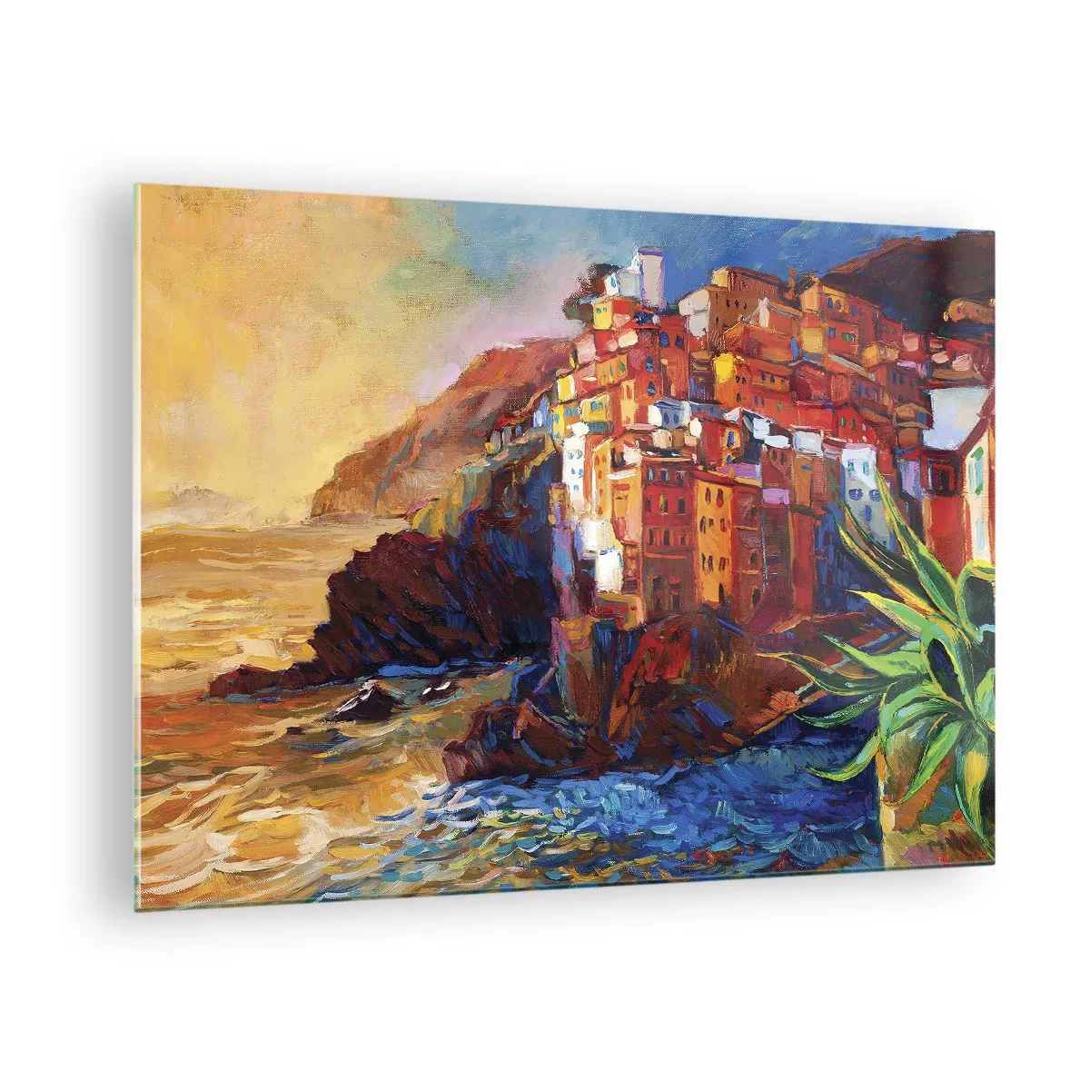 Impression sur verre - Image sur verre - Une ville colorée sur une falaise surplombant la mer - 70x50cm - Climats italien - Décoration murale moderne pour le salon et la chambre ARTTOR