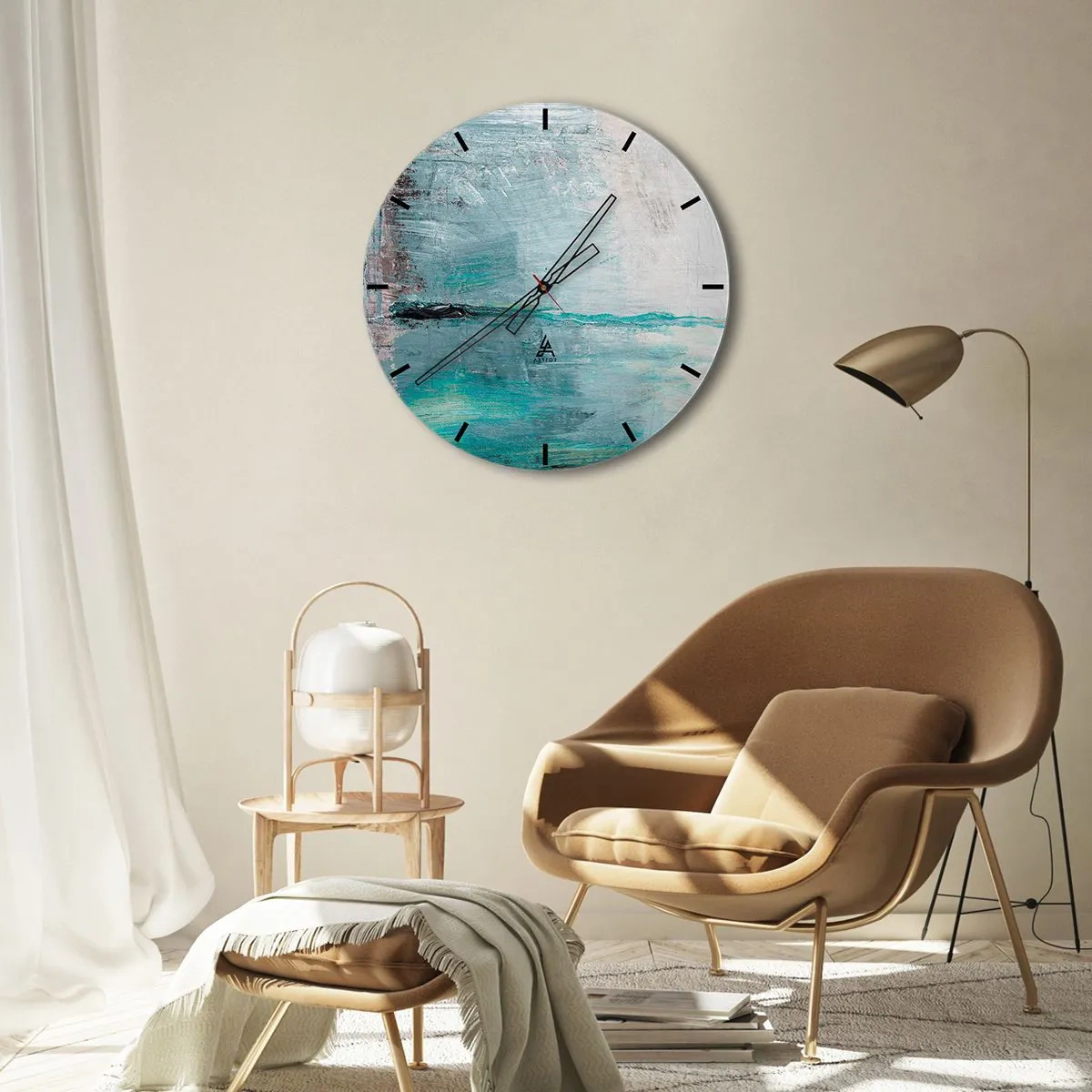 Horloge murale - Pendule murale - Un cadran d'horloge avec un motif abstrait dans des tons de bleu et de gris. - 30x30cm - Horizontalement en bleu - Décoration murale moderne pour le salon, la cuisine et la chambre ARTTOR