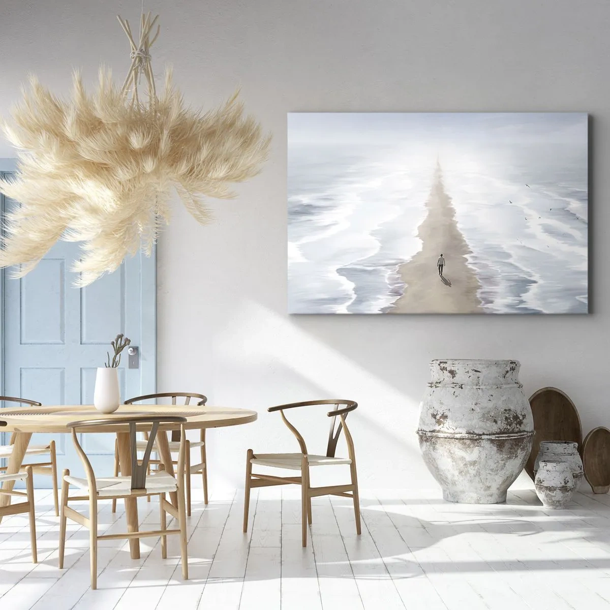 Impression sur toile - Image sur toile - Une silhouette sur une route solitaire au milieu d'un vaste paysage aquatique - 100x70cm - Un brillant avenir - Décoration murale moderne pour le salon et la chambre ARTTOR