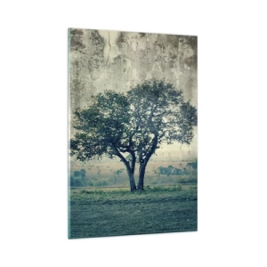 Impression sur verre - Image sur verre - Un arbre solitaire dans un paysage brumeux - 80x120cm - Un pommier sur un champ bleu ? - Décoration murale moderne pour le salon et la chambre ARTTOR