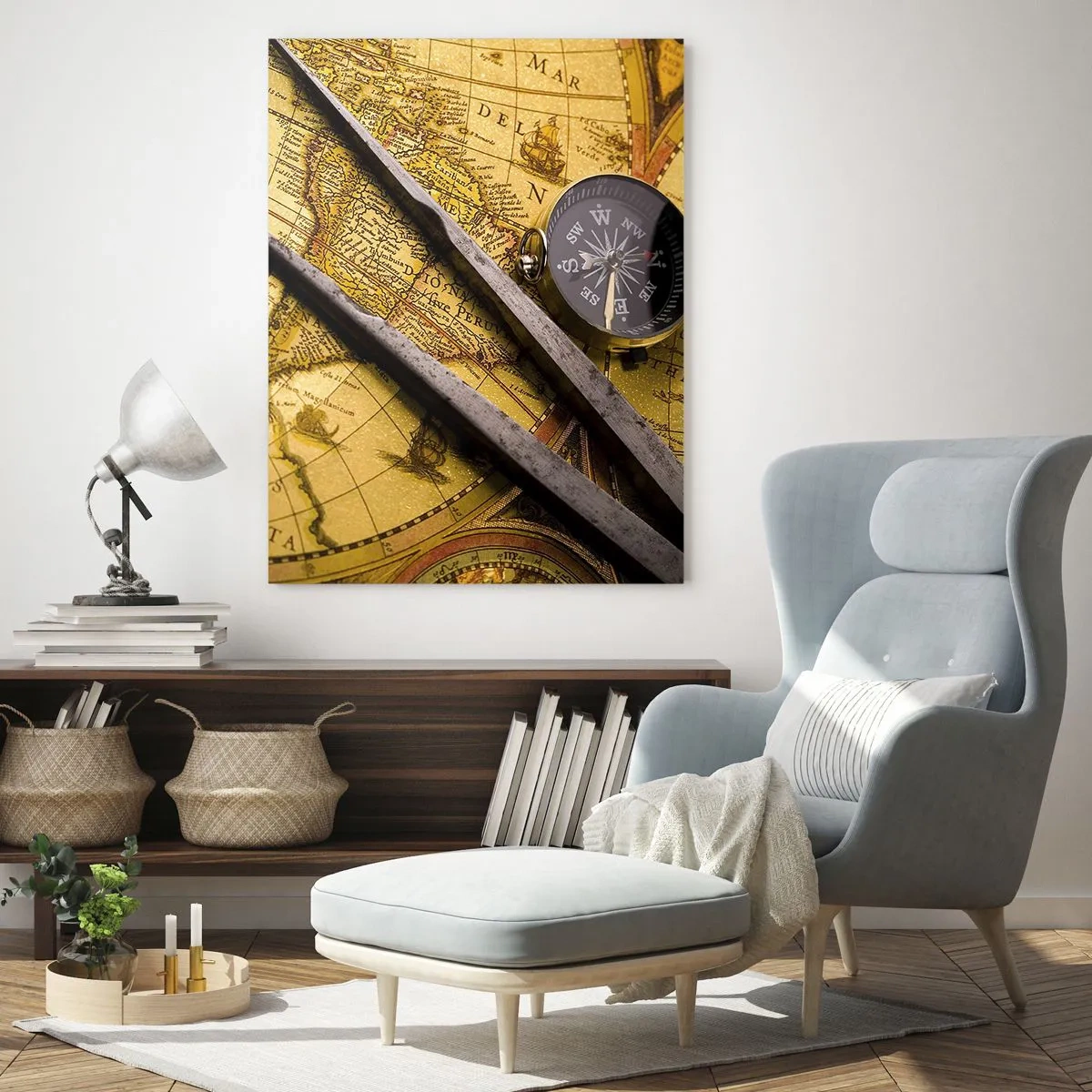 Impression sur verre - Image sur verre - Une carte du monde antique avec une boussole et un compas en arrière-plan - 70x100cm - Où sont ces trésors? - Décoration murale moderne pour le salon et la chambre ARTTOR