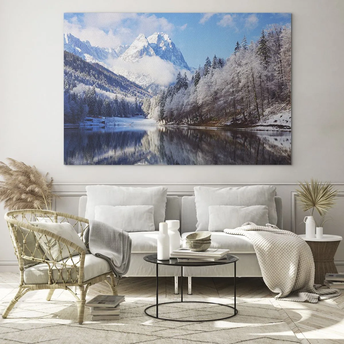 Impression sur verre - Image sur verre - Paysage d'hiver avec des montagnes et un lac gelé - 100x70cm - Protecteur de la neige - Décoration murale moderne pour le salon et la chambre ARTTOR