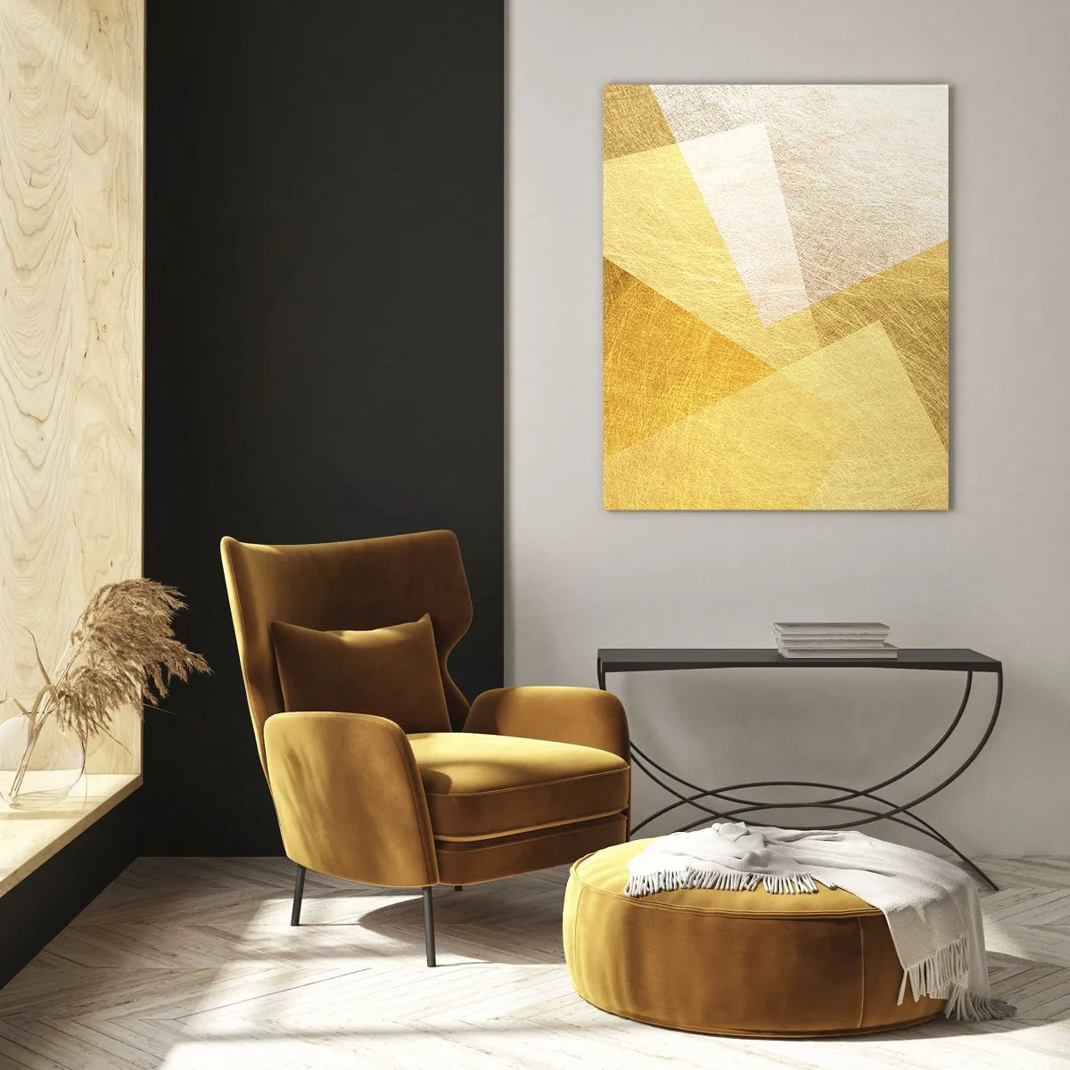Impression sur verre - Image sur verre - Formes géométriques dorées avec une texture métallique et légère - 50x70cm - Météo géométrique - Décoration murale moderne pour le salon et la chambre ARTTOR