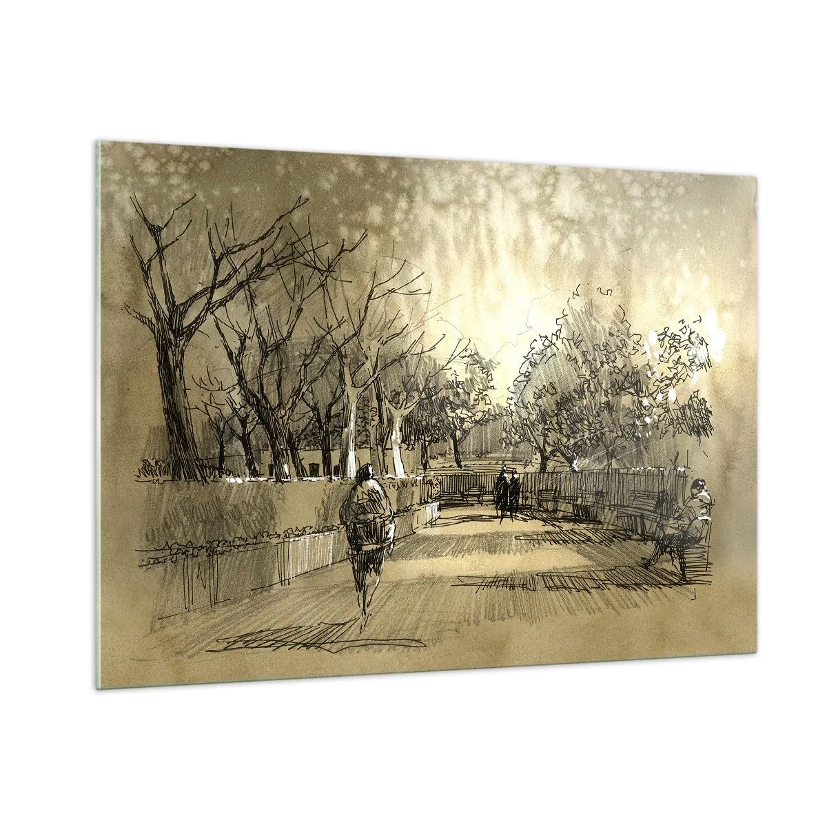 Impression sur verre - Image sur verre - Un dessin d'un parc avec des sentiers et des gens qui marchent - 100x70cm - Un moment arrêté avec une plume - Décoration murale moderne pour le salon et la chambre ARTTOR