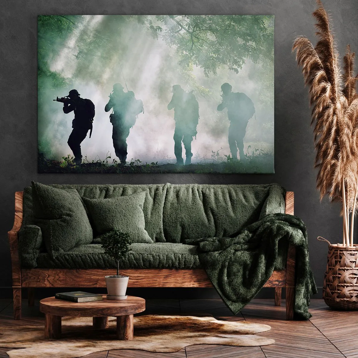Impression sur toile - Image sur toile - Silhouettes de soldats dans une forêt entourée de brouillard - 100x70cm - Un pour tous… - Décoration murale moderne pour le salon et la chambre ARTTOR