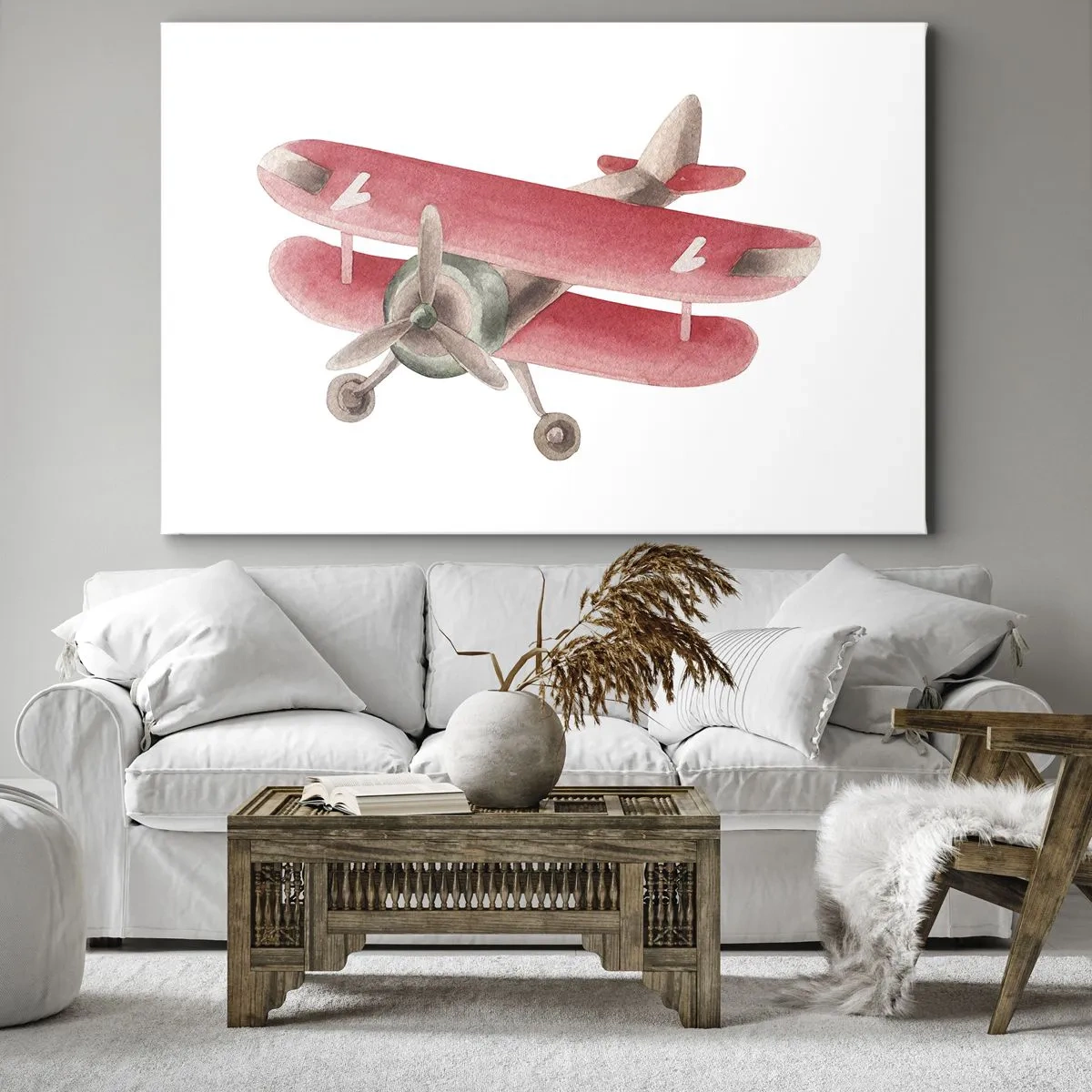 Impression sur toile - Image sur toile - Avion rétro rouge sur fond blanc - 70x50cm - Prêt pour les hauts vols - Décoration murale moderne pour le salon et la chambre ARTTOR