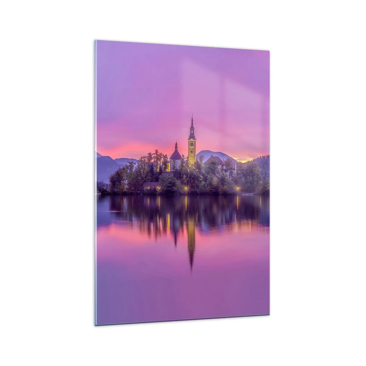 Impression sur verre - Image sur verre - Lac avec une île et une église au coucher du soleil - 70x100cm - Une île de conte de fées au crépuscule - Décoration murale moderne pour le salon et la chambre ARTTOR