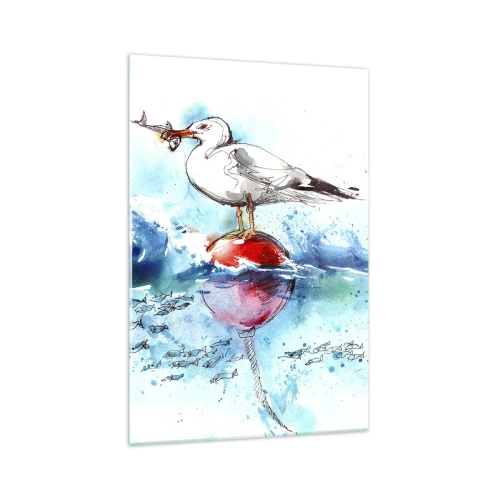 Impression sur verre - Image sur verre - Mouette sur une bouée avec des poissons en arrière-plan dans un style aquarelle - 70x100cm - Prise réussie - Décoration murale moderne pour le salon et la chambre ARTTOR