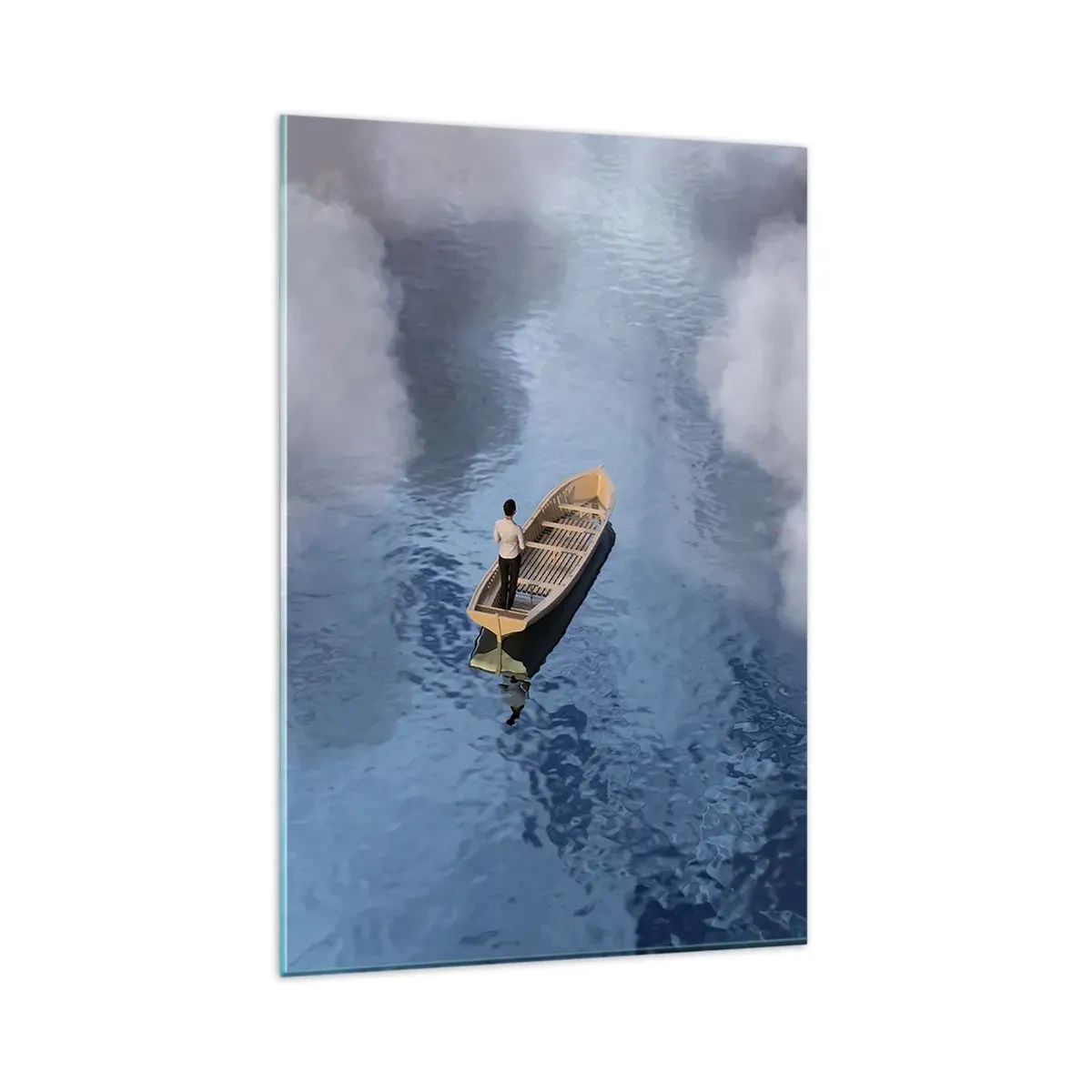 Impression sur verre - Image sur verre - Un homme dans un bateau sur une mer calme entourée de nuages - 80x120cm - Vie – voyage – inconnu - Décoration murale moderne pour le salon et la chambre ARTTOR