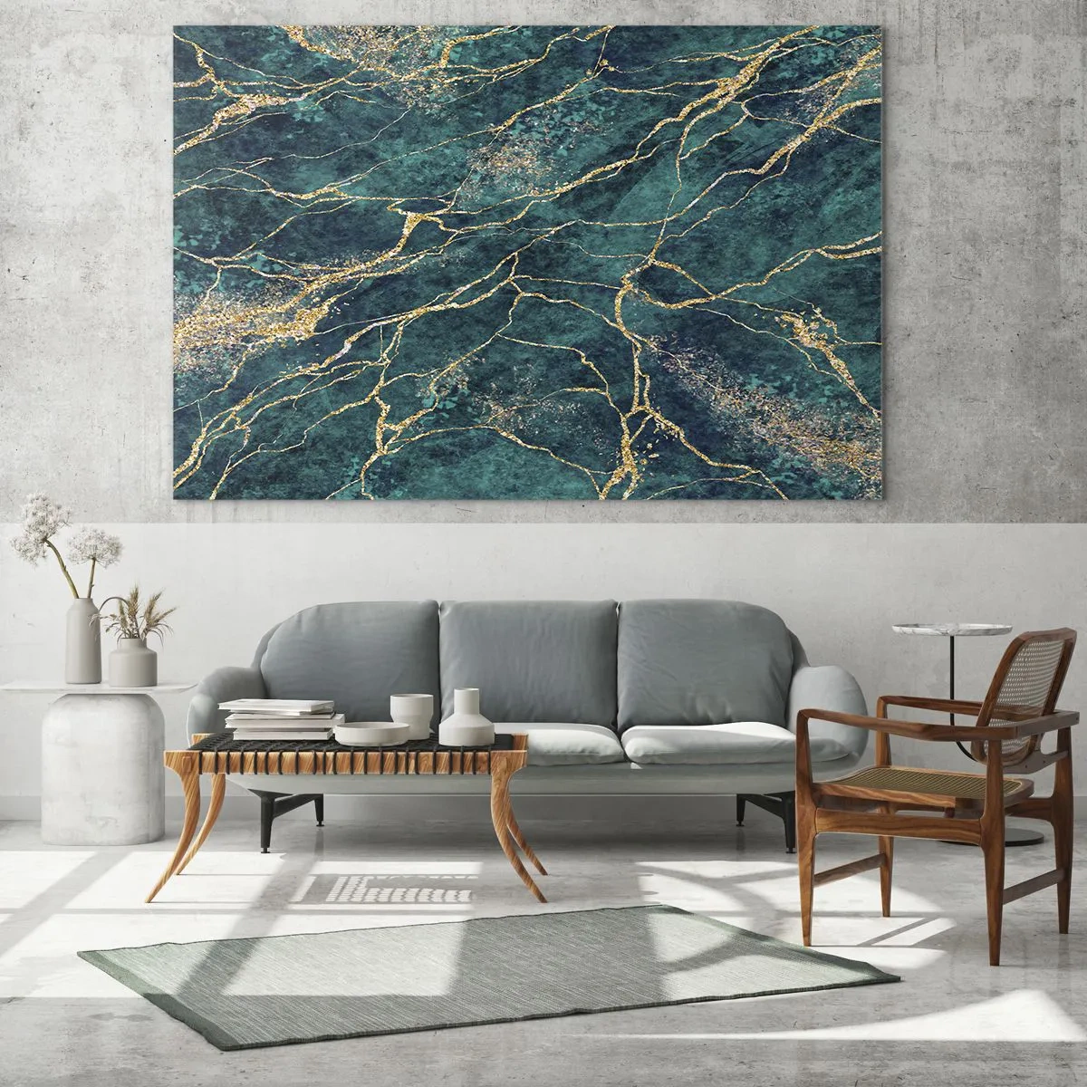 Impression sur verre - Image sur verre - Pierre marbrée aux veines dorées, nuances bleu sarcelle et vert - 120x80cm - Mine d'or - Décoration murale moderne pour le salon et la chambre ARTTOR