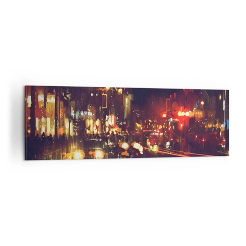 Impression sur toile - Image sur toile - Scène de ville nocturne avec des lumières colorées et des reflets dans la rue - 160x50cm - Immergé dans les lumières de la nuit - Décoration murale moderne pour le salon et la chambre ARTTOR