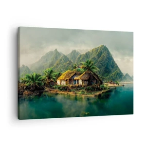 Impression sur toile - Image sur toile - Une île tropicale avec des palmiers et des montagnes en arrière-plan - 70x50cm - Paradis tropical - Décoration murale moderne pour le salon et la chambre ARTTOR
