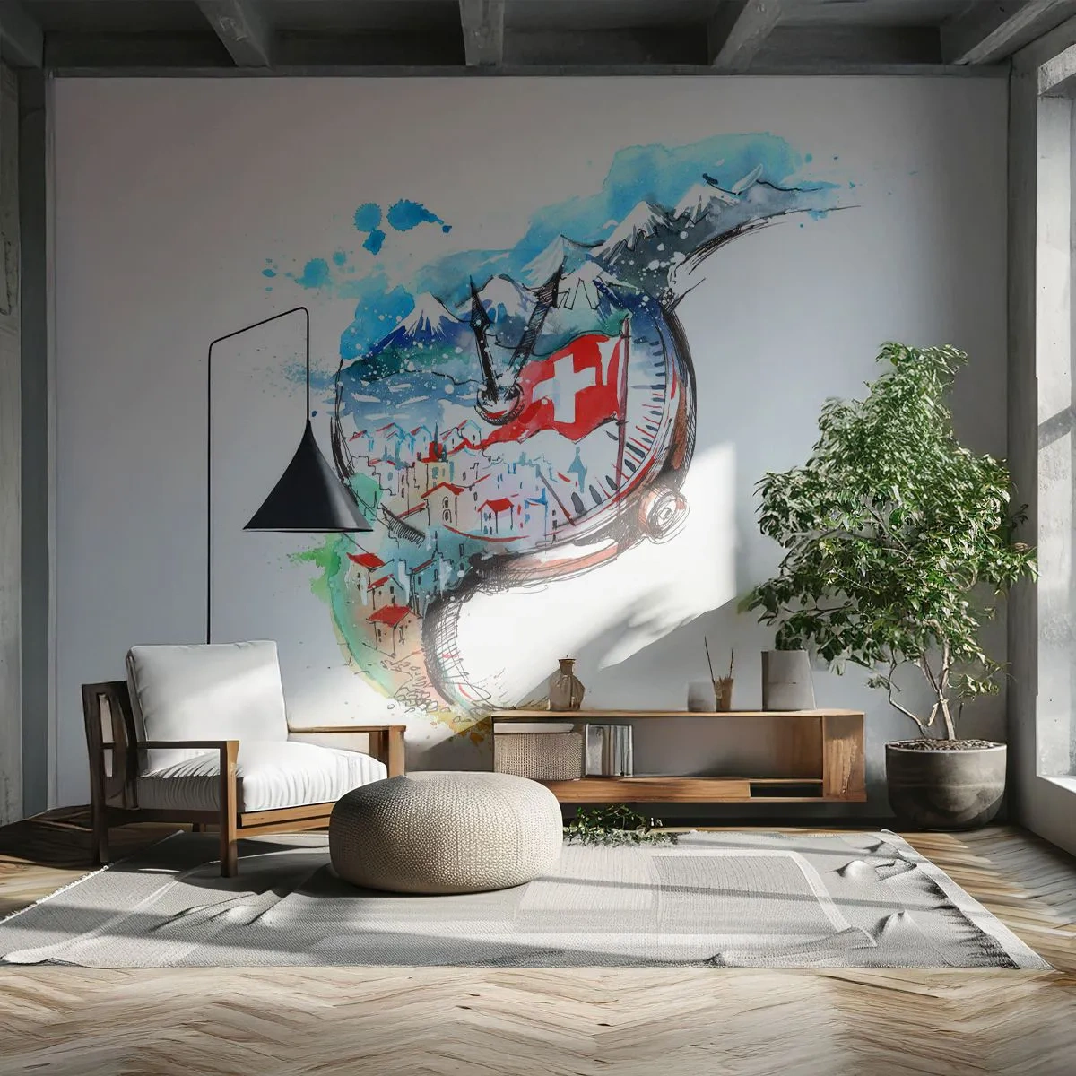 Papier Peint Autocollant Deluxe Sticker - L'esprit de la Suisse - Abstraction, Montre Suisse, Alpes - 250x175 cm
