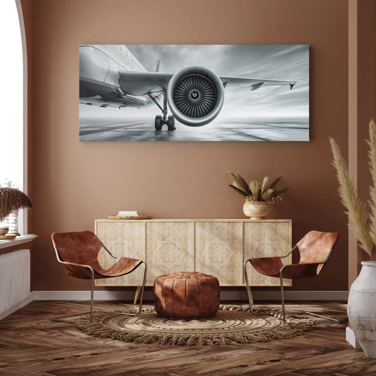 Impression sur toile - Image sur toile - Le réacteur d'un avion sur le tarmac - 160x50cm - Sent la force! - Décoration murale moderne pour le salon et la chambre ARTTOR