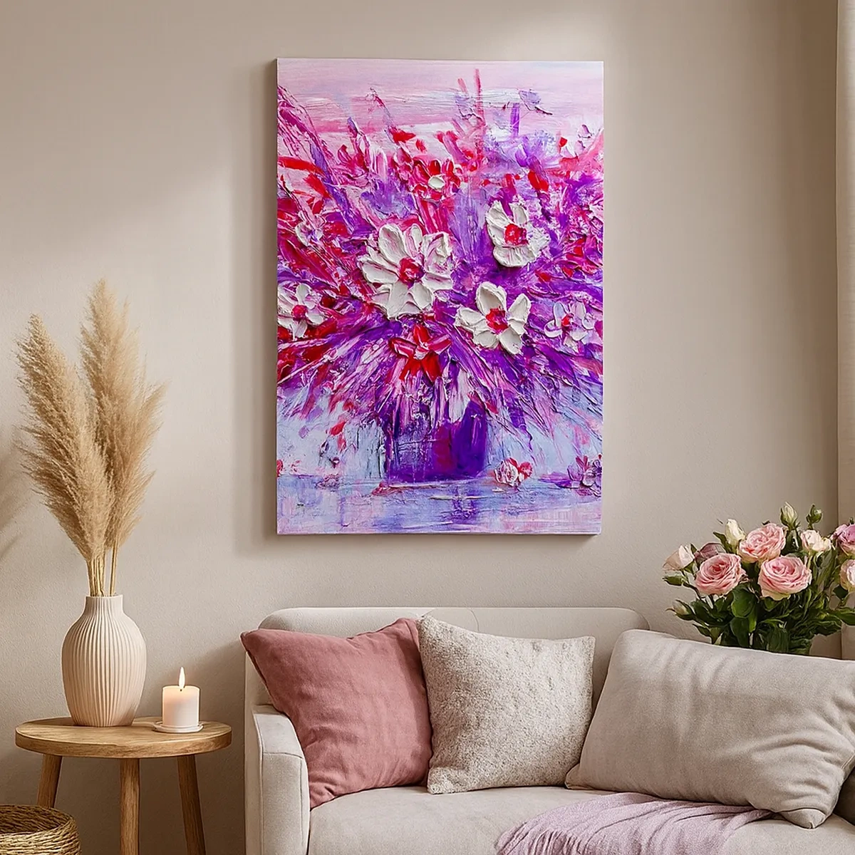 Impression sur toile - Image sur toile - Un bouquet de fleurs colorées dans des tons de rose et de violet - 50x70cm - Innocence et passion - Décoration murale moderne pour le salon et la chambre ARTTOR