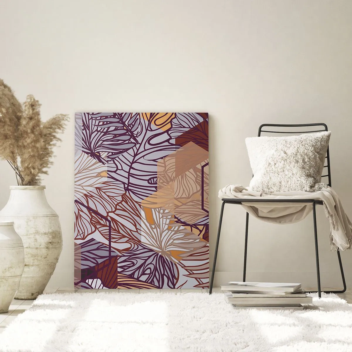 Impression sur verre - Image sur verre - Feuilles graphiques sur fond de formes géométriques - 50x70cm - Relation impossible entre la géométrie et la nature - Décoration murale moderne pour le salon et la chambre ARTTOR