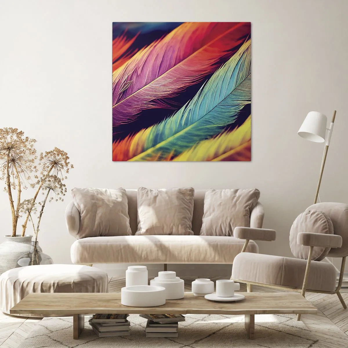 Impression sur toile - Image sur toile - Arc-en-ciel de plumes - 60x60 cm