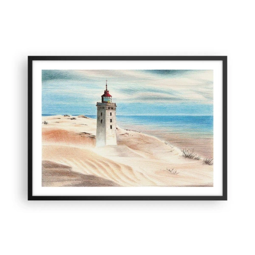 Affiche dans un cadre noir - Poster - Un phare entouré de dunes de sable et d'un ciel bleu - 70x50cm - Toujours regarder la mer - Décoration murale moderne pour le salon et la chambre ARTTOR