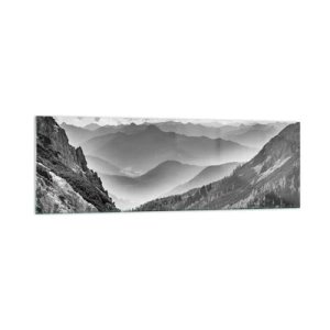 Impression sur verre - Image sur verre - Paysage de montagne en noir et blanc avec des nuages au-dessus des sommets - 160x50cm - Jusqu'à l'horizon - Décoration murale moderne pour le salon et la chambre ARTTOR