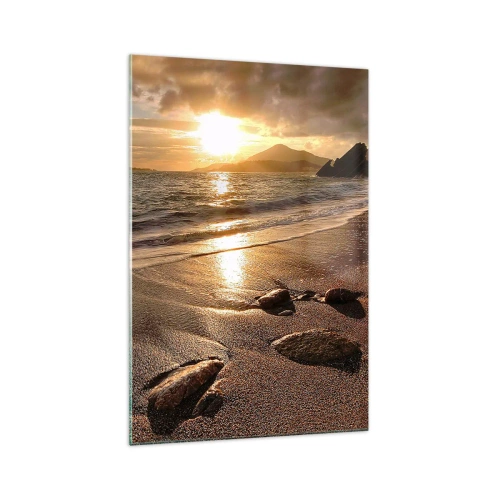 Impression sur verre - Image sur verre - Plage au coucher du soleil avec des pierres sur le rivage - 70x100cm - Suivez le soleil sur les collines - Décoration murale moderne pour le salon et la chambre ARTTOR