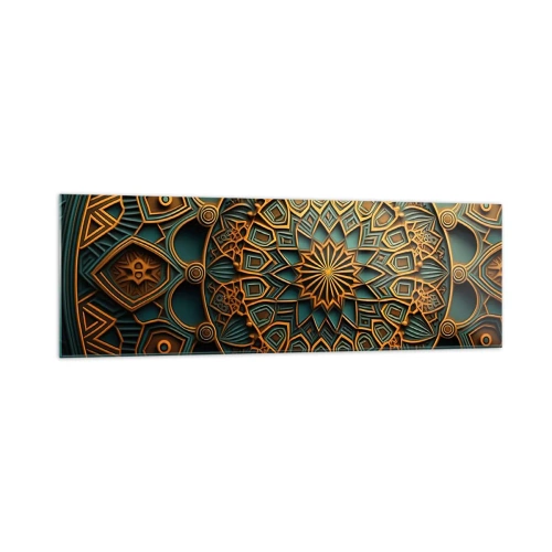 Impression sur verre - Image sur verre - Un mandala doré sur fond turquoise avec des détails riches. - 160x50cm - Dans une ambiance arabe - Décoration murale moderne pour le salon et la chambre ARTTOR