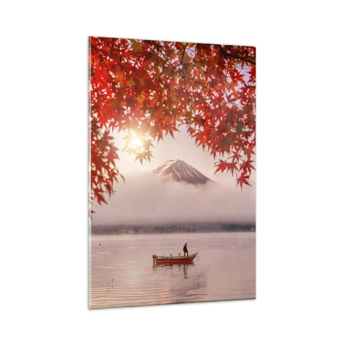 Impression sur verre - Image sur verre - Un bateau sur un lac entouré de feuilles d'érable rouges - 80x120cm - Dans le climat japonais - Décoration murale moderne pour le salon et la chambre ARTTOR