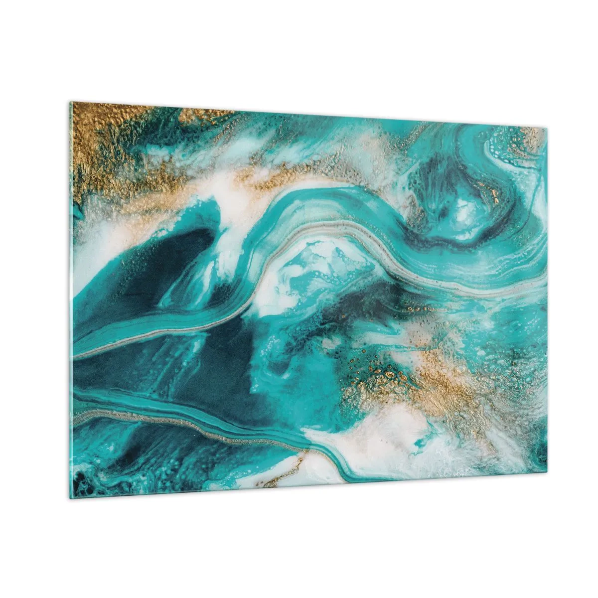 Impression sur verre - Image sur verre - Une composition abstraite en turquoise avec des accents dorés. - 100x70cm - Rivière d'or - Décoration murale moderne pour le salon et la chambre ARTTOR