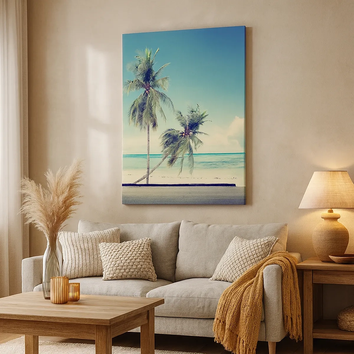 Impression sur toile - Image sur toile - Une camionnette rose avec une planche de surf sur une plage tropicale. - 50x70cm - Il est temps de commencer les vacances - Décoration murale moderne pour le salon et la chambre ARTTOR