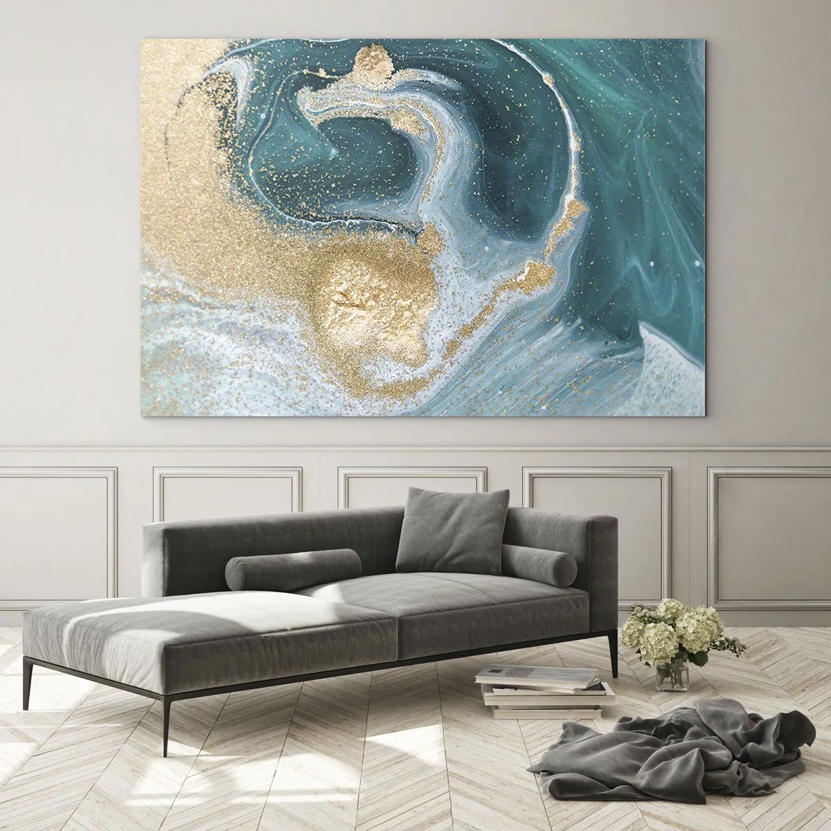 Impression sur verre - Image sur verre - De l'or sur des vagues turquoise dans un style abstrait - 70x50cm - Tourbillon d'or et de turquoise - Décoration murale moderne pour le salon et la chambre ARTTOR